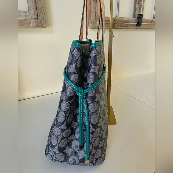 Coach Signature Stripe Large Carryall Tote-Navy Denim Look, Jade Green Stripe - Picture 6 of 16